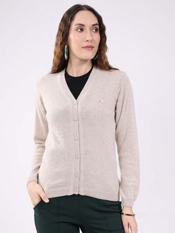 Monte Carlo - Womens V-Neck Full Sleeve Cardigan - Beige