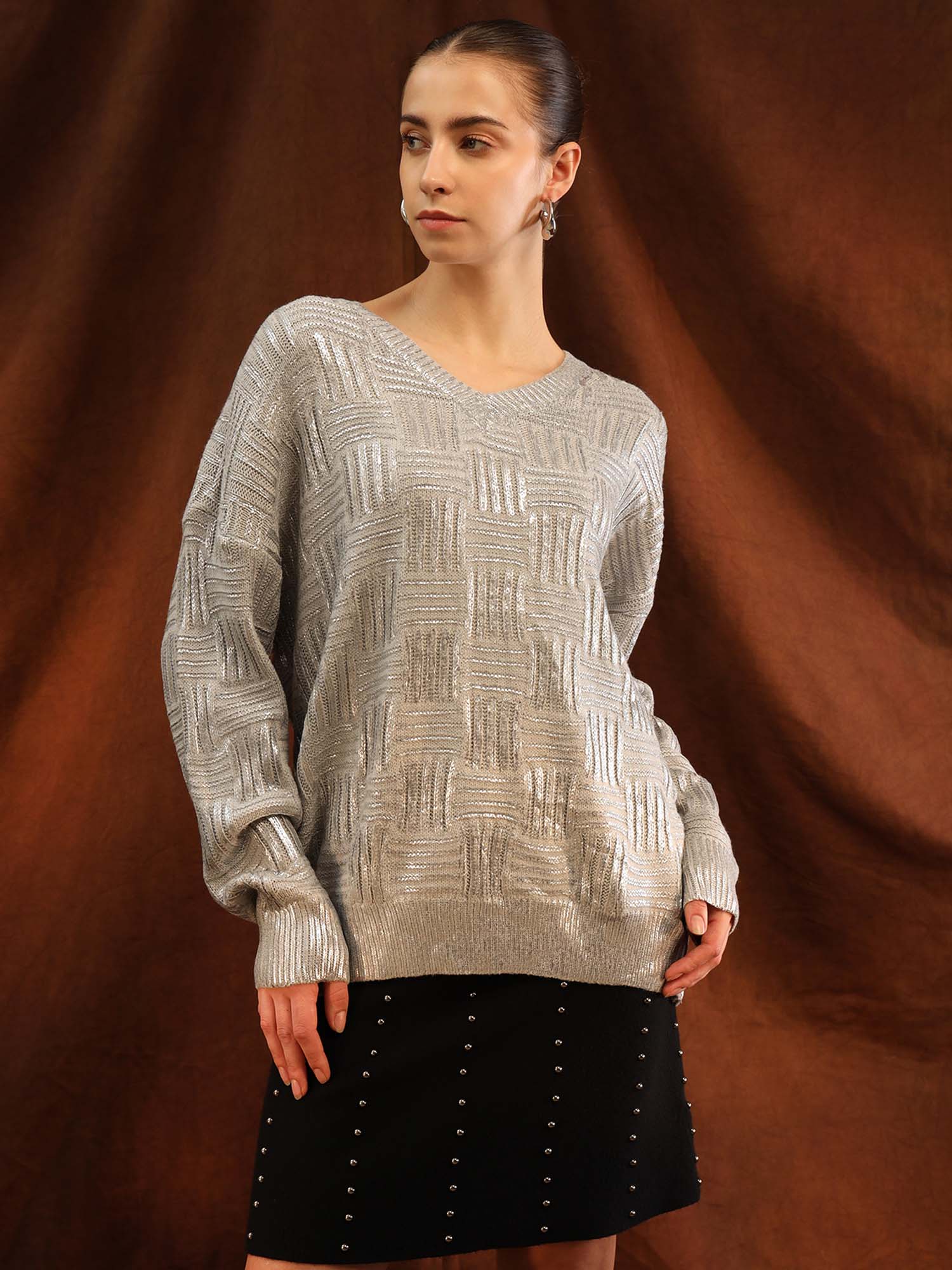 kazo V-Neck Textured Sweater Foiling - Grey-picture-39