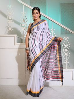 CHARUKRITI - White Cotton Handspun Handwoven Saree with Stripes Pattern with Unstitched Blouse