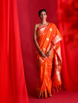 Beatitude - Orange Banarasi Saree with Unstitched Blouse