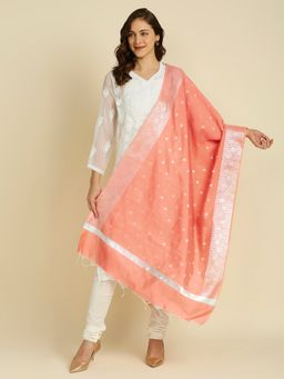 Dupatta Bazaar - Womens Banarasi Peach Silk Dupatta with Silver Border