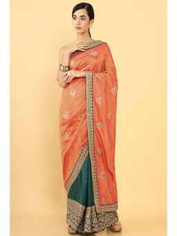 Soch - Women Orange Silk Embroidered Saree with Unstitched Blouse