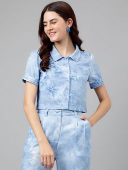 Latin Quarters - Women Blue Short Sleeves Tie and Dyed Crop Shirt