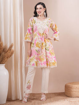 FASHOR - Floral Embroidered Cotton Flax Kurta with Pant (Set of 2)