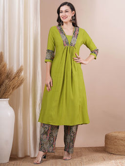 FASHOR - Green Printed A-Line Panelled Kurta with Palazzo (Set of 2)