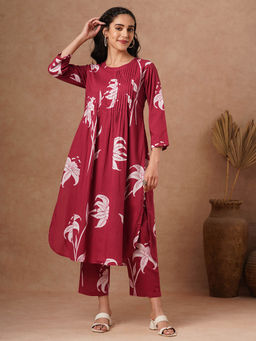 FASHOR - Red Printed A-Line Pin Tucked Kurta with Pant (Set of 2)