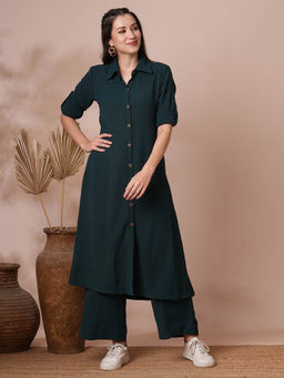 FASHOR - Green Shirt Styled Textured Kurta with Palazzo (Set of 2)