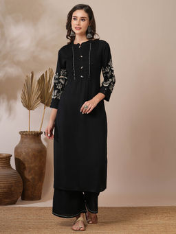 FASHOR - Black Floral Embroidered Kurta with Palazzo (Set of 2)