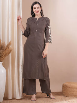 FASHOR - Brown Floral Embroidered Kurta with Palazzo (Set of 2)