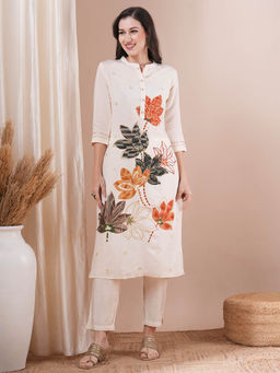 FASHOR - Off White Floral Foil Printed Kurta with Pant (Set of 2)