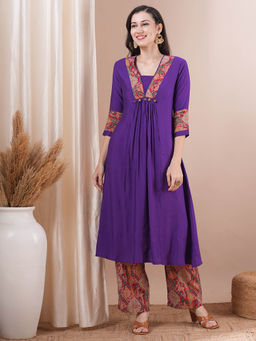 FASHOR - Purple Printed A-Line Panelled Kurta with Palazzo (Set of 2)