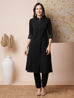 FASHOR - Black Embroidered A-Line Panelled Kurta with Pant (Set of 2)