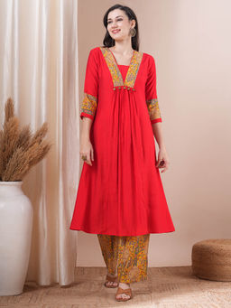 FASHOR - Red Printed A-Line Panelled Kurta with Palazzo (Set of 2)
