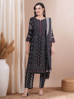 FASHOR - Black Floral Printed Kurta with Pant and Dupatta (Set of 3)