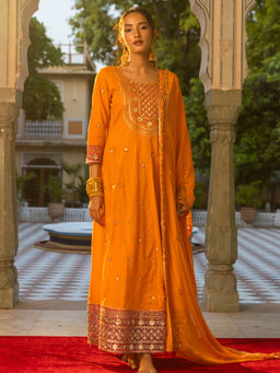 FASHOR - Orange Embroidered Anarkali Kurta with Pant and Dupatta (Set of 3)