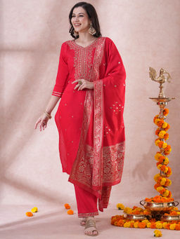 FASHOR - Red Ethnic Embroidered Kurta with Pant and Dupatta (Set of 3)