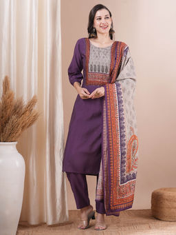 FASHOR - Purple Printed Embroidered Kurta with Pant and Dupatta (Set of 3)