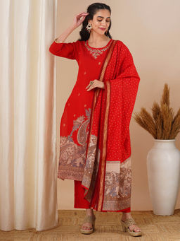 FASHOR - Red Embroidered Kurta with Pant and Dupatta (Set of 3)