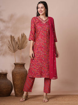 FASHOR - Red Floral Printed Embroidered Kurta with Pant and Dupatta (Set of 3)