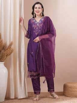 FASHOR - Purple Floral Embroidered Kurta with Pant and Dupatta (Set of 3)