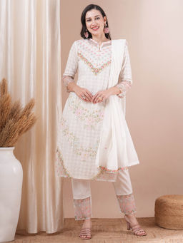 FASHOR - White Floral Embroidered Kurta with Pant and Dupatta (Set of 3)