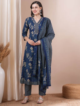 FASHOR - Blue Floral Embroidered Anarkali Kurta with Pant and Dupatta (Set of 3)