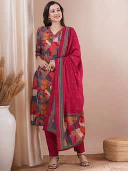 FASHOR - Red Floral Printed Embroidered Kurta with Pant and Dupatta (Set of 3)