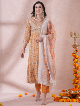 FASHOR - Orange Floral Printed Embroidered Anarkali Kurta with Pant and Dupatta (Set of 3)