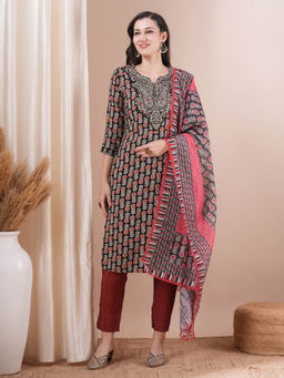 FASHOR - Red Printed Embroidered Kurta with Pant and Dupatta (Set of 3)