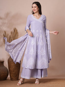FASHOR - Lavender Floral Embroidered Angrakha Kurta with Palazzo and Dupatta (Set of 3)