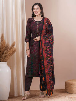 FASHOR - Black Floral Printed Kurta with Pant and Dupatta (Set of 3)