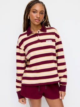Cider - Cotton Blend Women's Striped Polo Neck Oversized Polo T-Shirt Burgundy