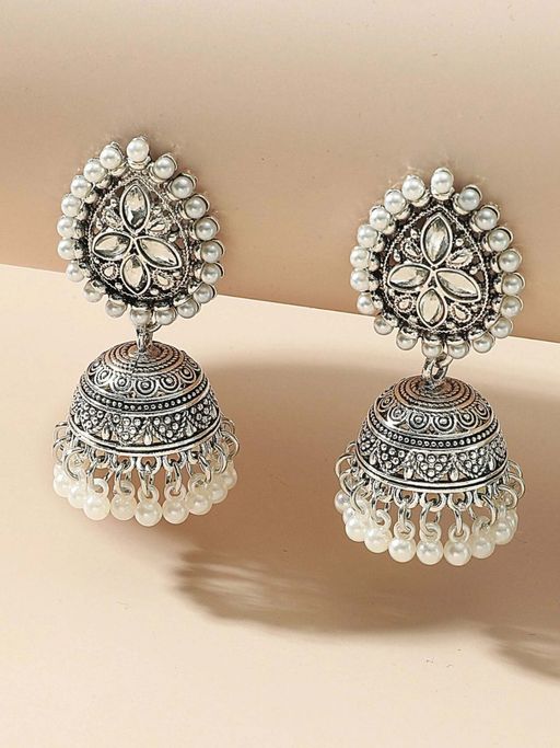 OOMPH Jewellery Oxidised Silver Pearls Ethnic Jhumka Earrings