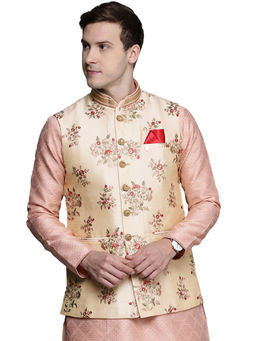 Manyavar - Fawn Art Silk Festive Embroidered Nehru Jacket
