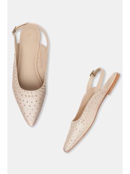 W - Beige Embellished Pointed Toe Mules