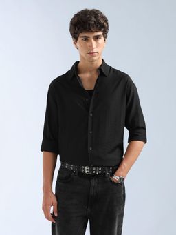 Flying Machine - Black Self Design Regular Shirt