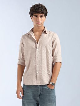 Flying Machine - Beige Self Design Regular Shirt