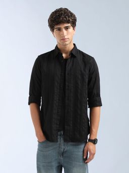 Flying Machine - Black Self Design Regular Shirt