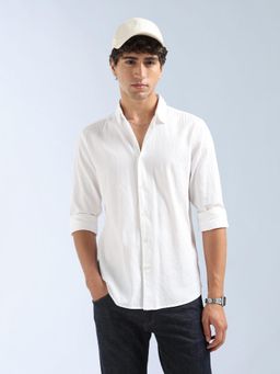 Flying Machine - White Self Design Regular Shirt