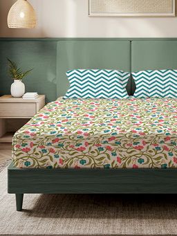 Urban Space - Kashmir Pink & Blue Microfiber 200 TC Bedsheet with Pillow covers