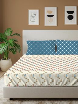 Urban Space - Zen Blocks Blue Cotton Bedsheet with 2 Pillow Covers