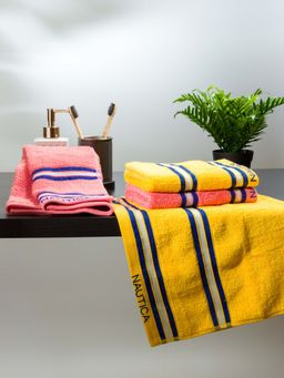 Nautica - Super Soft Zero Twist 100% Cotton Towel -4Pc Hand Towel Cube-Yellow, Coral