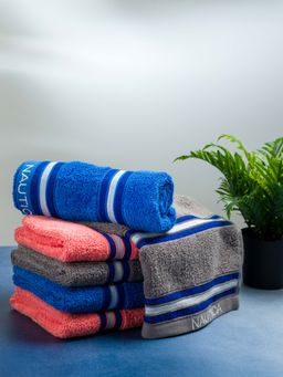 Nautica - Zero Twist 100% Cotton Towel -6Pc Hand Towel Big Flass-Grey, Royal Blue, Coral