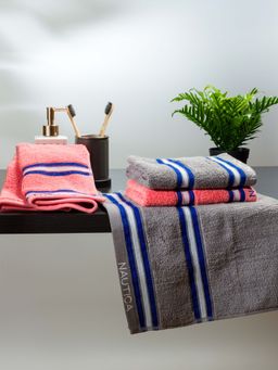 Nautica - Super Soft Zero Twist 100% Cotton Towel -4Pc Hand Towel Big Flass-Grey, Coral
