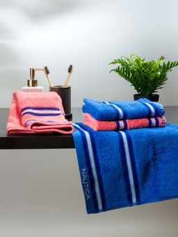 Nautica - Super Soft Zero Twist 100% Cotton Towel -4Pc Hand Towel Roses-Royal Blue, Coral