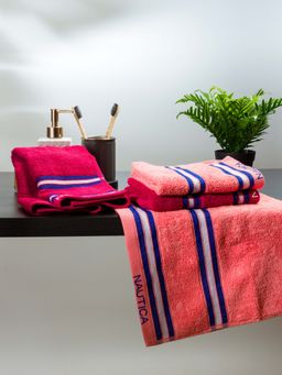 Nautica - Zero Twist 100% Cotton Towel -4Pc Hand Towel Abstract-Coral, Burgundy