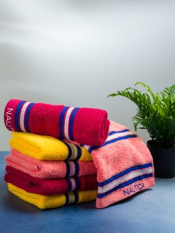 Nautica - Zero Twist 100% Cotton Towel -6Pc Hand Towel Abstract-Coral, Burgundy, Yellow