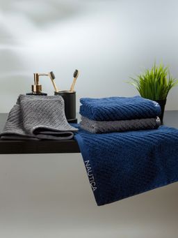 Nautica - Fluffy Zero Twist 100% Cotton Towel -4Pc Hand Towel Solid-Navy Blue, Steel Grey