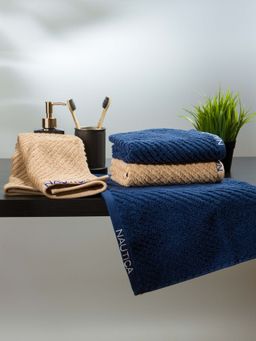 Nautica - Fluffy Zero Twist 100% Cotton Towel -4Pc Hand Towel Solid-Navy Blue, Wheat