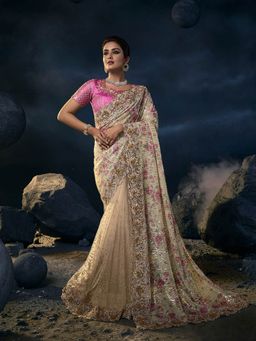 Odette - Beige Net Sequins Embroidered Saree with Unstitched Blouse